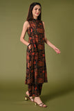 Black printed coord set with high closed neck and matching wide leg pants.
•	Floral prints all over the top.
•	High close neck with button, sleeveless, sleeves comes separately with the top.
•	Matching printed bottom wide leg pants with double sided elastic.
•	Chanderi rayon material.
