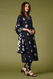 Diamond printed navy-blue daily wear cotton straight kurti set with pant and printed dupatta.
•	Printed top with v neck.
•	Thread and sequin work around the neck,3/4 sleeves.
•	Double sided elastic, printed and comfortable straight pants.
•	Cotton printed dupatta.
•	Pure cotton material.
