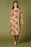 Mehndi green and cream leaf printed rayon daily wear kurti set with 3/4 sleeves roundneck single side pocket and straight pants.
•	Leaf prints all over the top.
•	Round neck, 3/4 sleeves & single side pocket.
•	Double sided elastic & straight fit pants.
•	All day comfort rayon material.
•	Mehndi green and cream with leaf prints will give a semi-formal and stylish look.
