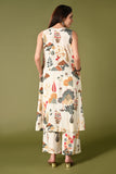 Off white printed coords set with high closed neck and matching wide leg pants.
•	Floral prints all over the top.
•	High close neck with button, sleeveless, sleeves comes separately with the top.
•	Matching printed bottom wide leg pants with double sided elastic.
•	Chanderi rayon material.

