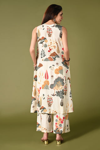 Off white printed coords set with high closed neck and matching wide leg pants.
•	Floral prints all over the top.
•	High close neck with button, sleeveless, sleeves comes separately with the top.
•	Matching printed bottom wide leg pants with double sided elastic.
•	Chanderi rayon material.
