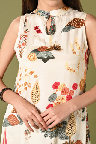 Off white printed coords set with high closed neck and matching wide leg pants.
•	Floral prints all over the top.
•	High close neck with button, sleeveless, sleeves comes separately with the top.
•	Matching printed bottom wide leg pants with double sided elastic.
•	Chanderi rayon material.
