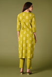 Parrot green printed cotton daily wear kurti set with thread work straight pant and cotton mul dupatta.
•	Leaf prints all over the body.
•	Round neck & 3/4 sleeves.
•	Single sided elastic and comfortable straight pants.
•	Pure cotton material.
•	Cotton mul dupatta.
