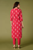 Pink leaf printed cotton daily wear kurti set with thread work straight pant and cotton mul dupatta.
•	Leaf prints all over the body.
•	Round neck & 3/4 sleeves.
•	Single sided elastic and comfortable straight pants.
•	Pure cotton material.