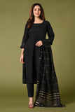 Plain black mirror worked straight cut set with zari woven dupatta and straight pants.
•	Plain top with mirror-work in neckline and back neck.
•	3/4 sleeves with mirror and thread work in border.
•	Single side elastic comfortable straight pants.
•	Matching black zari woven dupatta.
•	Chanderi material.
