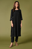 Plain black mirror worked straight cut set with zari woven dupatta and straight pants.
•	Plain top with mirror-work in neckline and back neck.
•	3/4 sleeves with mirror and thread work in border.
•	Single side elastic comfortable straight pants.
•	Matching black zari woven dupatta.
•	Chanderi material.
