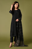 Plain black mirror worked straight cut set with zari woven dupatta and straight pants.
•	Plain top with mirror-work in neckline and back neck.
•	3/4 sleeves with mirror and thread work in border.
•	Single side elastic comfortable straight pants.
•	Matching black zari woven dupatta.
•	Chanderi material.
