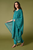Plain blue mirror worked straight cut set with zari woven dupatta and straight pants.
•	Plain top with mirror-work in neckline and back neck.
•	3/4 sleeves with mirror and thread work in border.
•	Single side elastic comfortable straight pants.
•	Matching blue zari woven dupatta.
•	Chanderi material.
