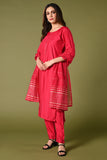 Plain rani pink mirror worked straight cut set with zari woven dupatta and straight pants.
•	Plain top with mirror-work in neckline and back neck.
•	3/4 sleeves with mirror and thread work in border.
•	Single side elastic comfortable straight pants.
•	Matching pink zari woven dupatta
•	Chanderi material.
