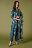 Rama blue leaf printed cotton daily wear kurti set with thread work straight pant and cotton mul dupatta.
•	Leaf prints all over the body.
•	Round neck & 3/4 sleeves.
•	Single sided elastic and comfortable straight pants.
•	Pure cotton material.
•	Cotton mul dupatta.
