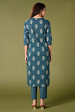 Rama blue leaf printed cotton daily wear kurti set with thread work straight pant and cotton mul dupatta.
•	Leaf prints all over the body.
•	Round neck & 3/4 sleeves.
•	Single sided elastic and comfortable straight pants.
•	Pure cotton material.
•	Cotton mul dupatta.
