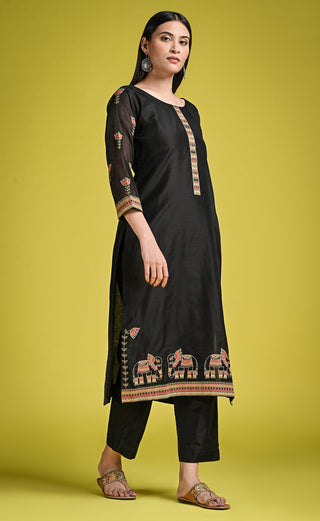 Black salwar kameez set with elephant motif - nachfashion