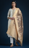 Cream white straight cut kurti set with contrast mustard printed dupatta - nachfashion