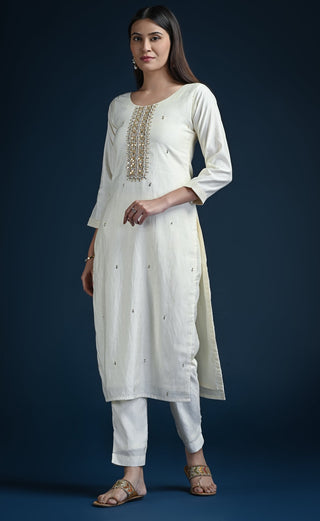 Cream white straight cut kurti set with contrast mustard printed dupatta - nachfashion