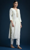 Cream white straight cut kurti set with contrast mustard printed dupatta - nachfashion