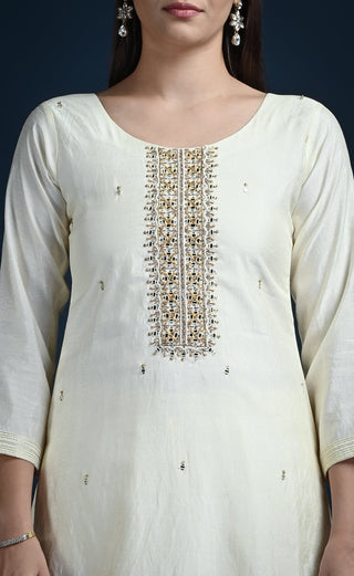 Cream white straight cut kurti set with contrast mustard printed dupatta - nachfashion