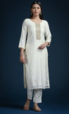 Cream white straight cut kurti set with contrast mustard printed dupatta - nachfashion