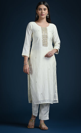Cream white straight cut kurti set with contrast mustard printed dupatta - nachfashion